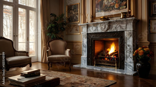 fireplace with burning logs in fireplace,burning wood, relaxing, , ai generated