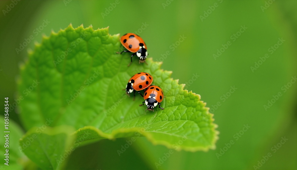 Obraz premium Three ladybugs on a linden leaf, a vibrant nature scene