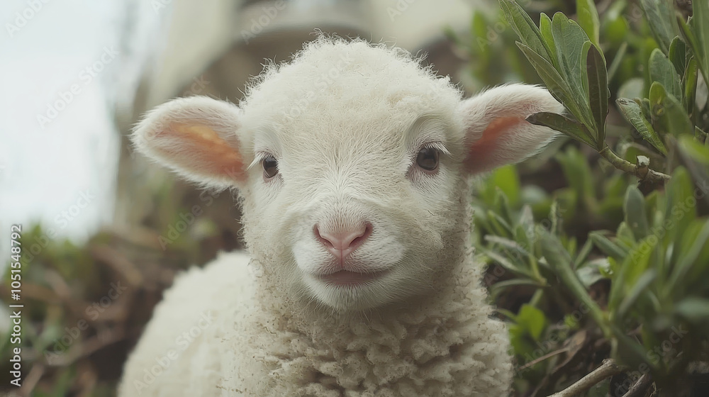 Obraz premium young lamb gazes curiously at camera, surrounded by lush greenery. Its soft, fluffy wool and innocent expression evoke sense of warmth and tranquility