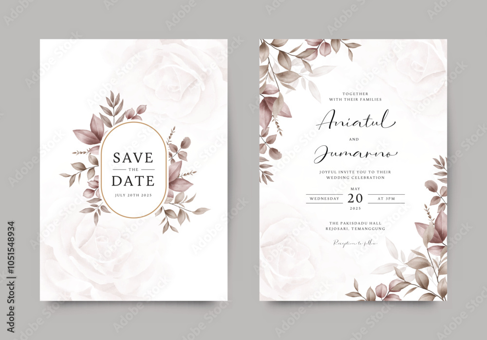 Obraz premium Elegant watercolor beautiful leaves wedding invitation card