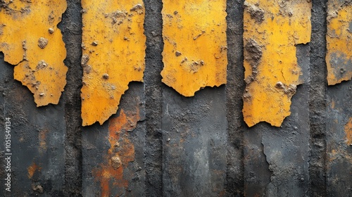 Close-up of a weathered metal surface with peeling yellow paint photo