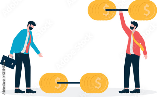 A businessman lifts a huge bar with ease, another cannot lift it, strength vs authority

