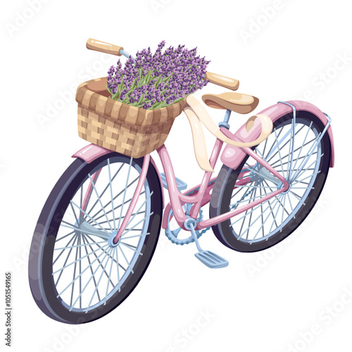 Retro cartoon bike with basket full of lavender flowers. Funny vintage bicycle with floral decoration. Spring and summer travel mascot, cartoon romantic transport with lavender vector illustration