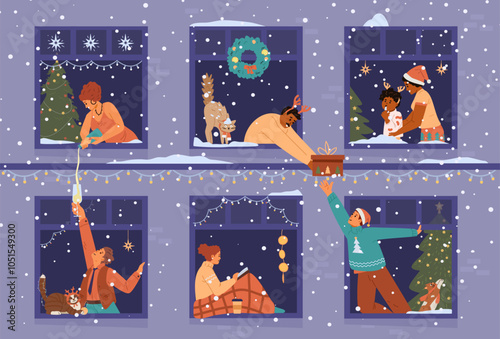 Christmas banner with people in windows celebrating flat vector illustrations. House front with neighbors in windows communicating.