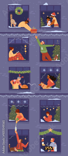 Christmas vertical banner with people in windows celebrating flat vector illustrations. House facade with neighbors in windows communicating. 