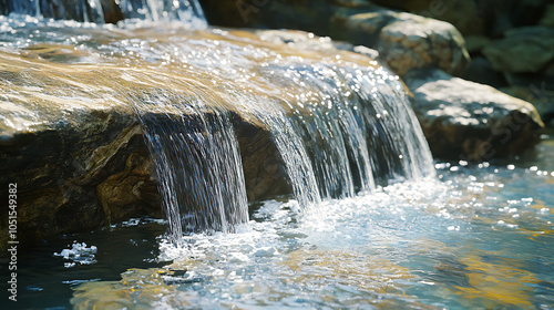A close-up view of crystal-clear water flowing over a rocky ledge, forming a tranquil swimming pool at the base of a waterfall 
