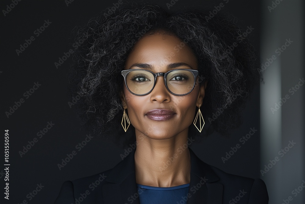 A confident female CEO stands poised in front of a dark background ...