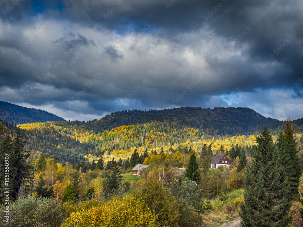 The landscape of Carpathian Mountains in the cloudy weather. Perfect weather condition in the autumn season The landscape of Carpathian Mountains in the cloudy weather. Perfect weather condition in the autumn season