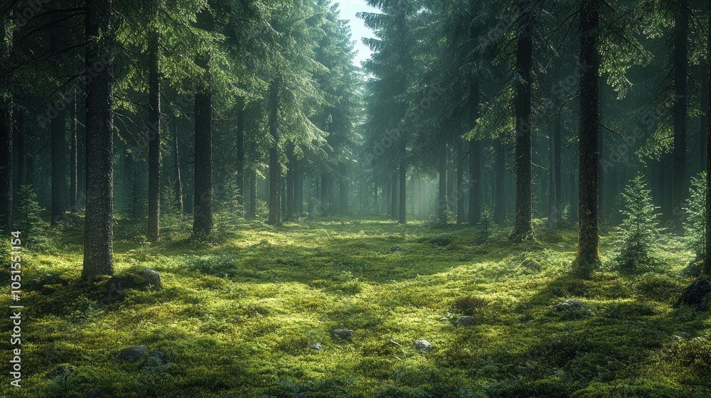 Obraz premium Serene forest landscape with sunlight filtering through trees.