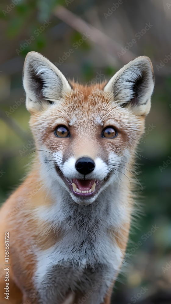Fototapeta premium Smiling fox with visible teeth and open eyes in green background