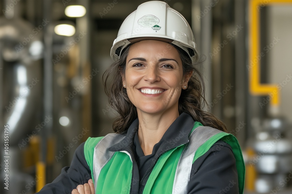 Successful female CEO confidently overseeing operations in a manufacturing facility, wearing a safety helmet and green vest, exemplifying leadership in the industrial sector Successful female CEO confidently overseeing operations in a manufacturing facility, wearing a safety helmet and green vest, exemplifying leadership in the industrial sector