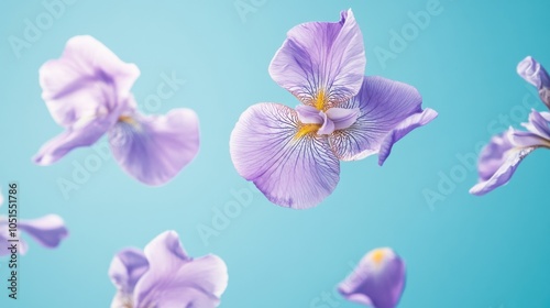 Delicate purple iris petals floating gently against a pastel blue background, adding a calming and elegant atmosphere.