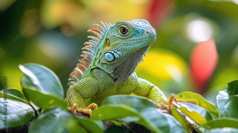 Obraz premium A vibrant iguana perched on lush green leaves in a tropical setting.