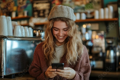 Happy postgrad student reading a text message her phone in a coffee shop, Generative AI photo