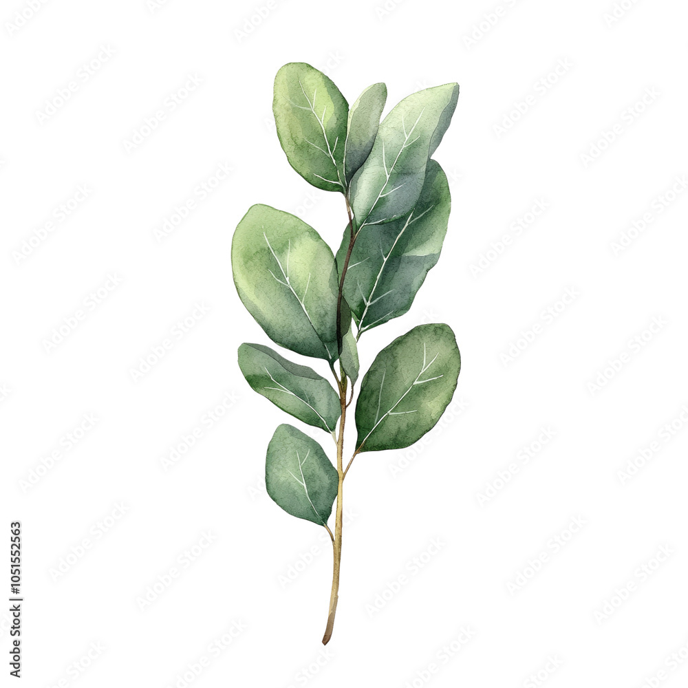 Watercolor Eucalyptus Sprig with Green Leaves Watercolor Eucalyptus Sprig with Green Leaves