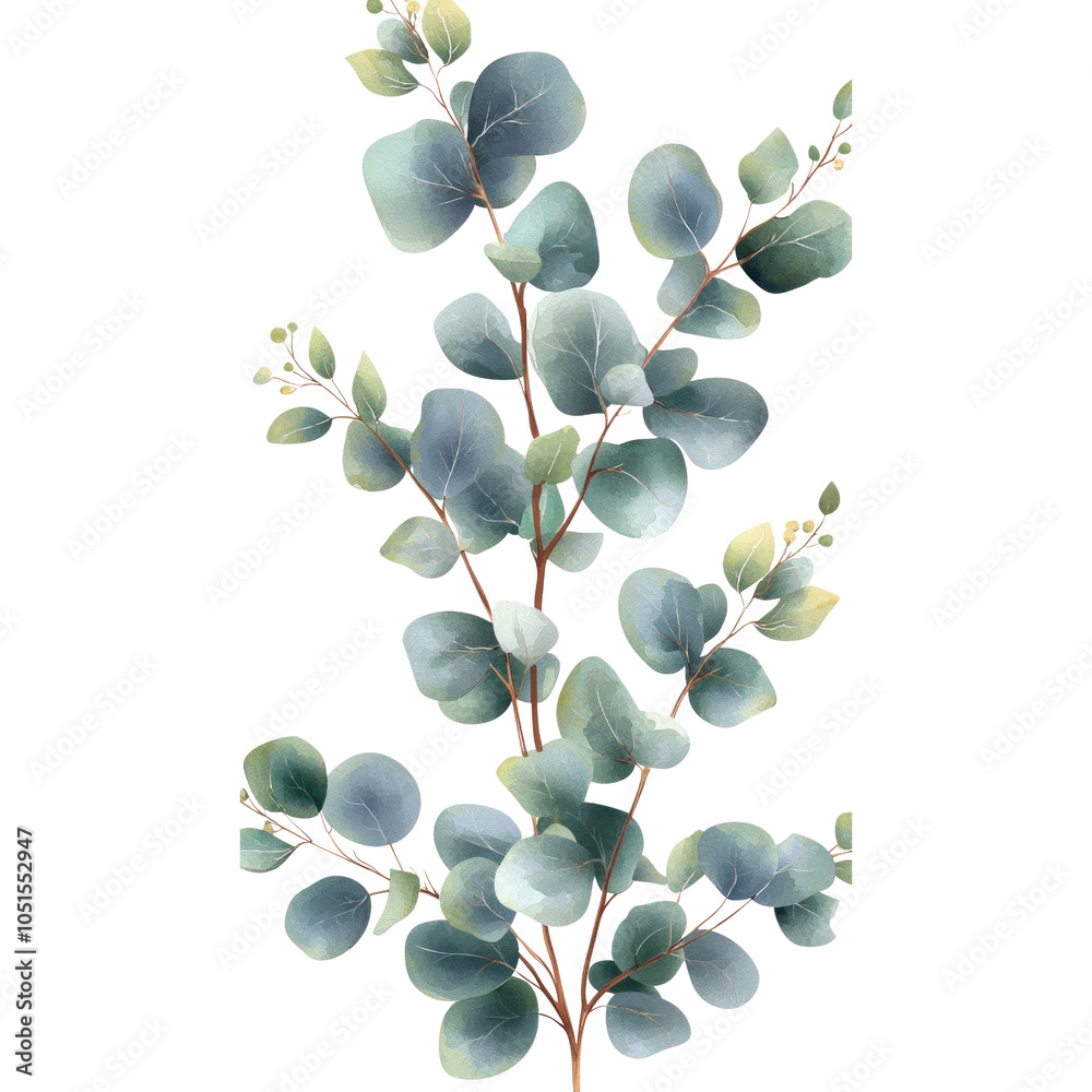 Obraz premium Watercolor Eucalyptus Branch with Green Leaves