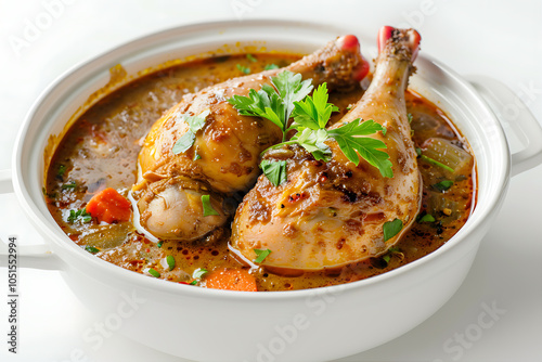 Guinea fowl mulligatawny soup in a white ceramic bowl-2 (1) photo