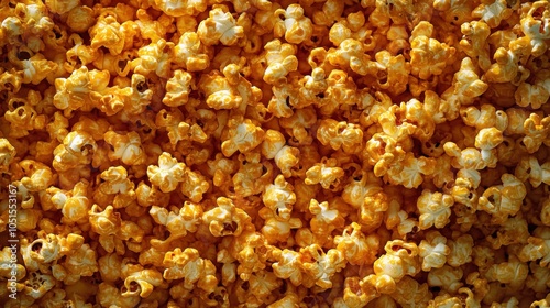 A surface densely covered with caramel popcorn, filling every inch of the frame with its golden-brown, crunchy texture and sweet, sticky coating.