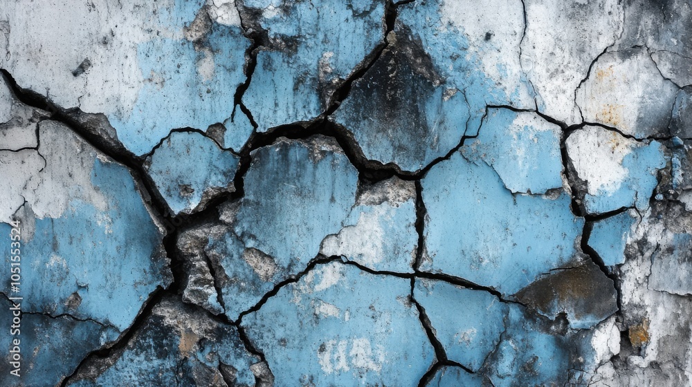 Obraz premium An abstract background of cracked concrete, with jagged streaks of blue, black, and white cutting across the surface, creating a gritty, industrial look.