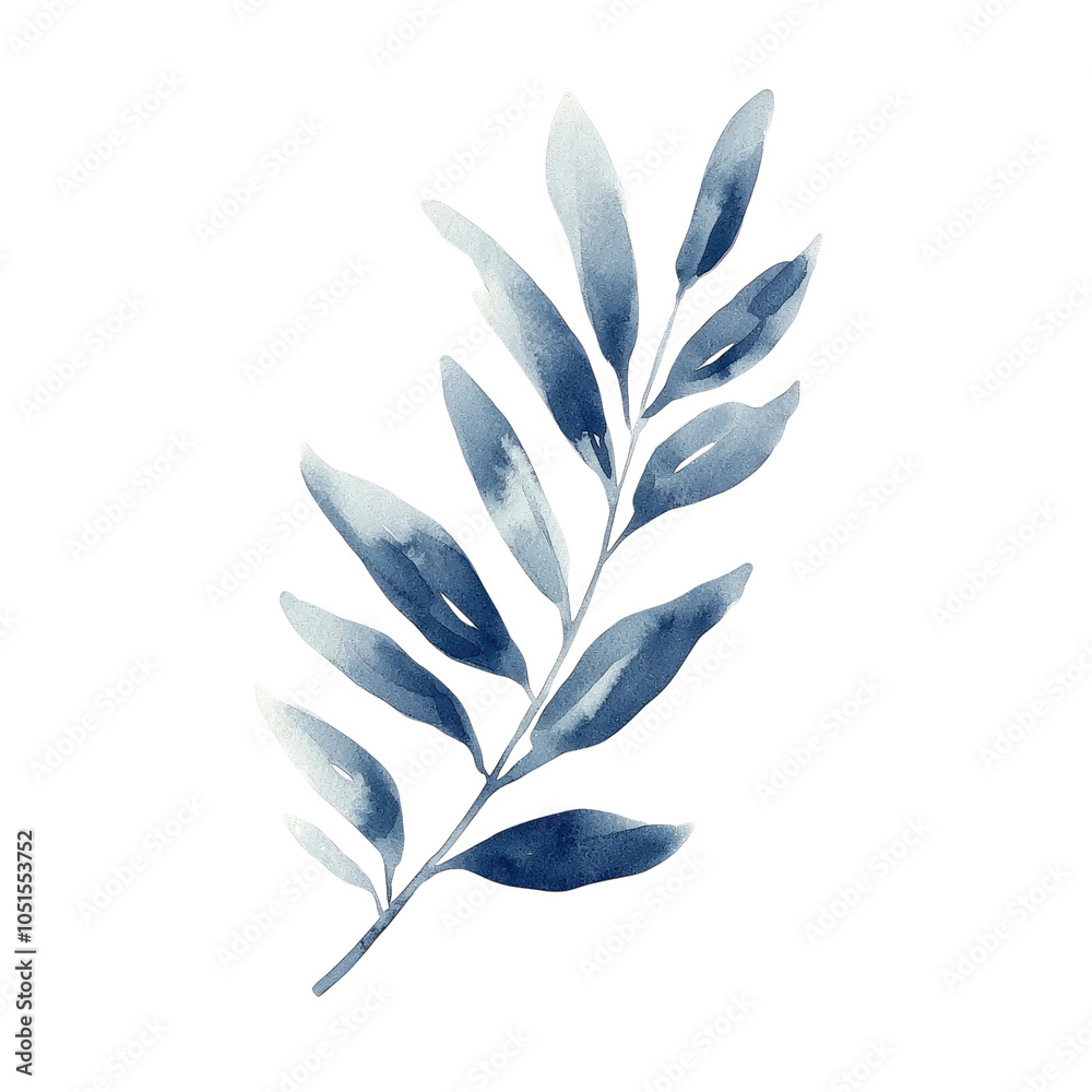 Watercolor Blue Branch with Leaves Watercolor Blue Branch with Leaves