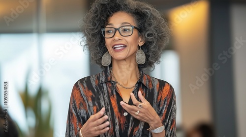 A successful woman CEO leads a discussion among senior executives at a corporate event, showcasing her leadership skills and vision for the future in a modern meeting space photo