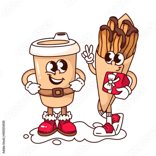 Groovy churros paper bag and coffee cup cartoon characters friends. Funny retro churros sticks holding gift box to give. Christmas dessert mascot, cartoon sticker of 70s 80s style vector illustration