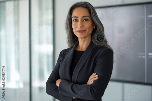 Free Download Successful female CEO confidently poses in a modern corporate office while showcasing leadership qualities and a professional demeanor - GFXLoad