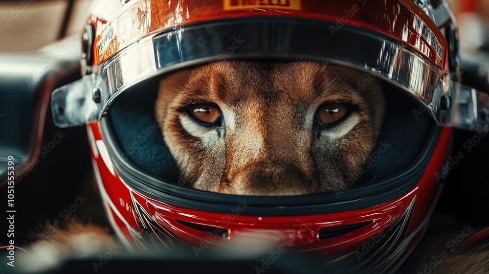 Fototapeta premium Lion Driver in Cockpit Wearing Helmet during Race Preparation