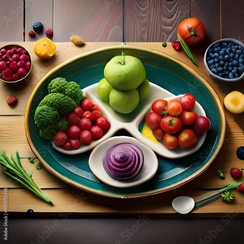 fruit and vegetables on the table in plates