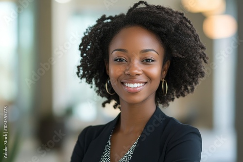 Black businesswoman smiling cheerfully on a phone call, Generative AI