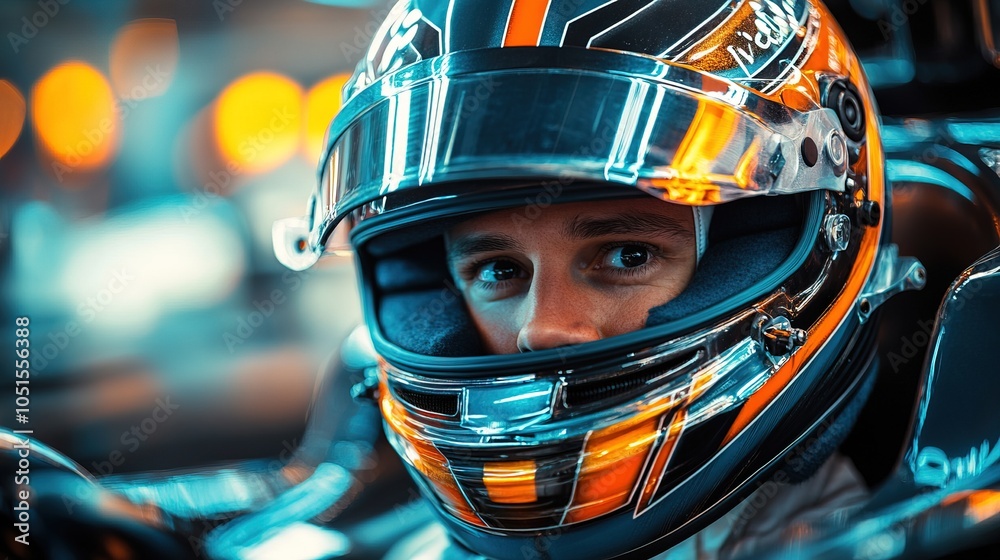 Driver in Cockpit Wearing Helmet during Race Preparation Driver in Cockpit Wearing Helmet during Race Preparation