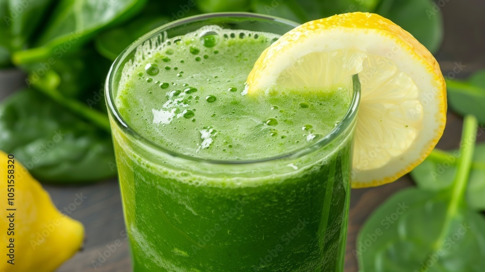 Smoothie spinach juice garnished with a lemon wedge Smoothie spinach juice garnished with a lemon wedge