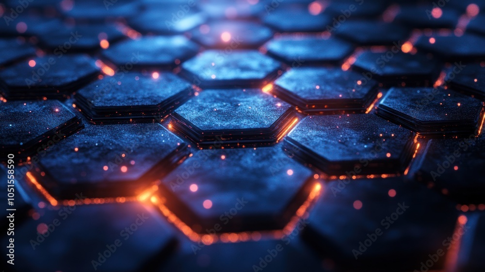 Fototapeta premium Glowing Hexagon Pattern with Orange and Blue Lights