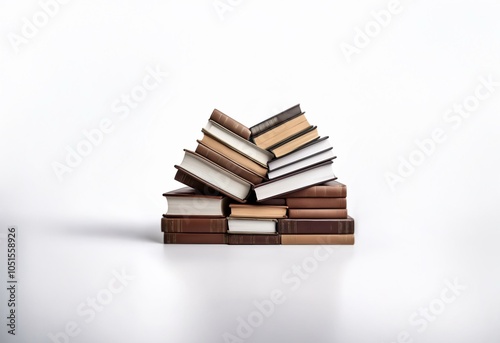 A stack of leather bound books on a white background.