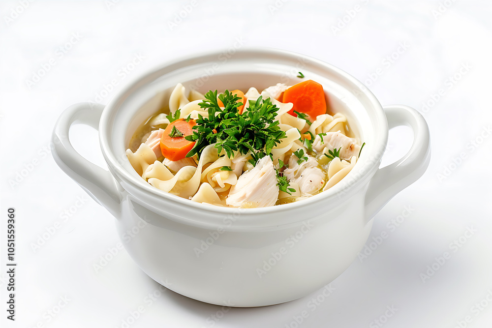 Leftover chicken noodle soup in a white ceramic bowl Leftover chicken noodle soup in a white ceramic bowl