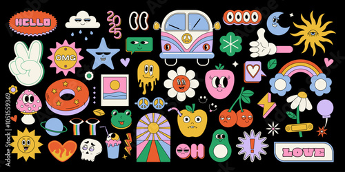 Funky groovy stickers. Cartoon 70s retro psychedelic icons, vintage hippie decorative elements with flowers and peace signs. Vector isolated set