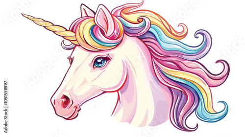 Pink unicorn head with rainbow mane and horn isolated on white background. Vector illustration 