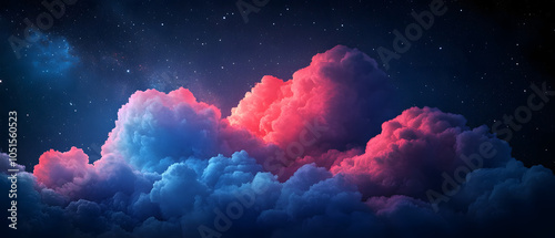 A group of clouds in the night sky bears stars, with a radiant red, blue, and pink cloud at its heart