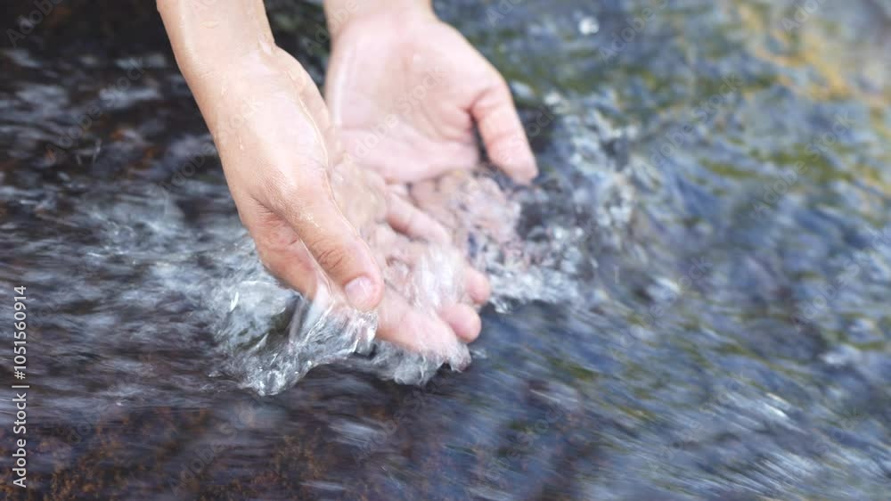 Gentle hands cupping water in serene stream, creating ripples that showcase beauty of nature and tranquility of flowing water outdoors. Gentle hands cupping water in serene stream, creating ripples that showcase beauty of nature and tranquility of flowing water outdoors.