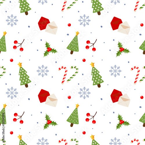 Seamless pattern with Christmas tree, candy cane, snowflakes, 
envelope, holly on white background. Merry Christmas and happy new year. Design for print, wrapping paper, textile, fabric, wallpaper