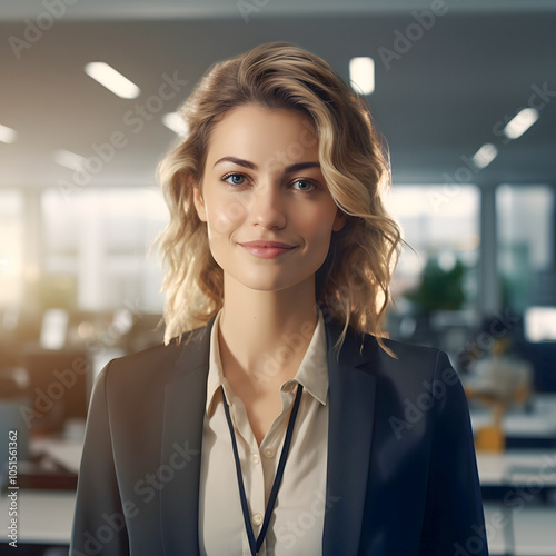 Smiling businesswoman in an office setting looking professional photo