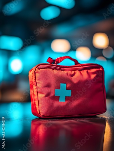 Red emergency kit on a table with soft light