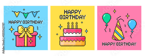 Set of pixel art happy birthday square cards. Y2k pixelated posters with present gift box, party hat and flags, balloons and cake with candles. Bday elements and celebration text in 8bit retro style
