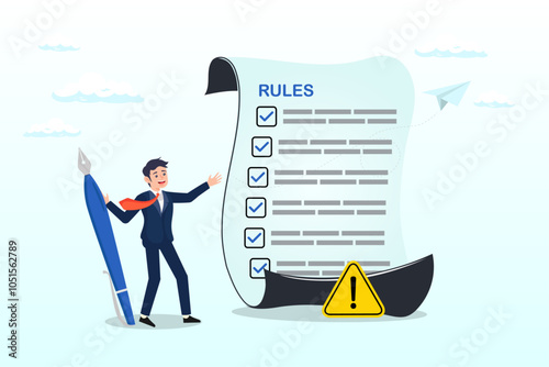Businessman finish writing rules and regulations document, rules and regulations, policy and guideline for employee to follow, legal term, corporate compliance or laws, standard procedure concept