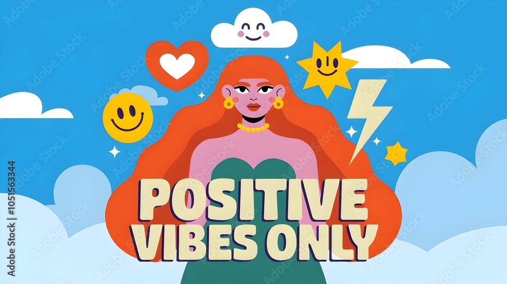 Fototapeta premium Woman with red hair surrounded by positive symbols in a blue sky