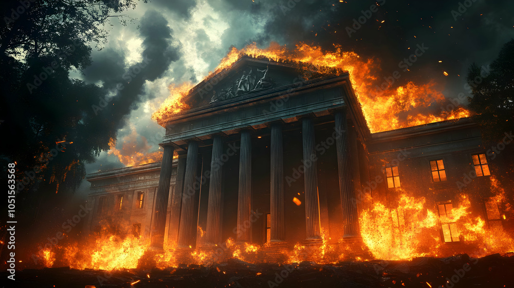 Obraz premium Illustration of a Classical Building Engulfed in a Raging Inferno