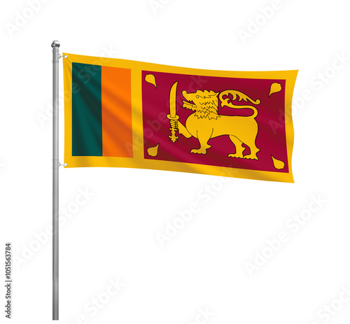 Sri Lanka National flag waving in the wind on a silver pole, isolated on transparent