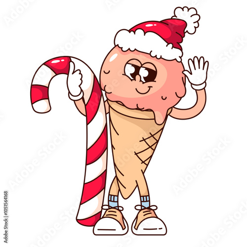 Groovy ice cream cone cartoon character with red Santa hat and candy. Funny retro gelato in waffle cup waving. Christmas dessert mascot, cartoon ice cream sticker of 70s 80s style vector illustration
