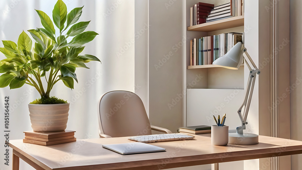Featuring a white desk a green plant and plenty of natural light this is a minimalist home office. modern dining room with table Featuring a white desk a green plant and plenty of natural light this is a minimalist home office. modern dining room with table