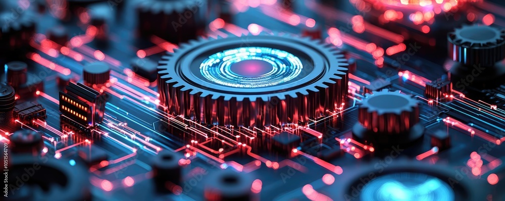 Abstract close-up of a futuristic circuit board with glowing components. Abstract close-up of a futuristic circuit board with glowing components.